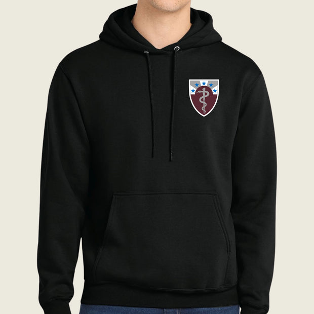 Black hoodie with a logo on the chest