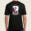 Black t-shirt with a medical emblem and text on the back, worn by a person.
