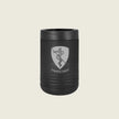 Black can cooler with an engraved emblem on a beige background