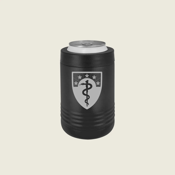 Black can cooler with an engraved emblem on a beige background