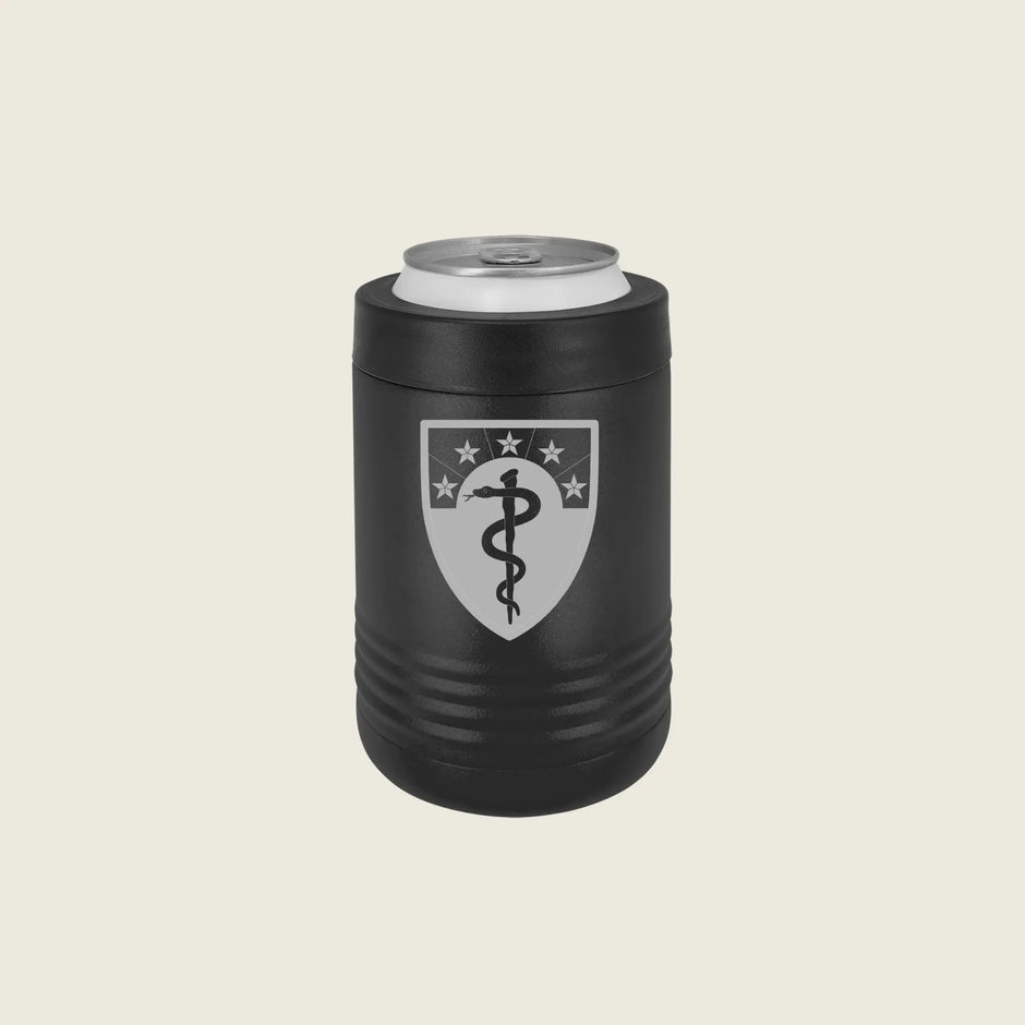 Black can cooler with an engraved emblem on a beige background