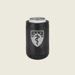 Black can cooler with an engraved emblem on a beige background