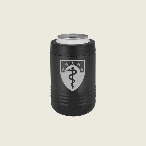 Black can cooler with an engraved emblem on a beige background