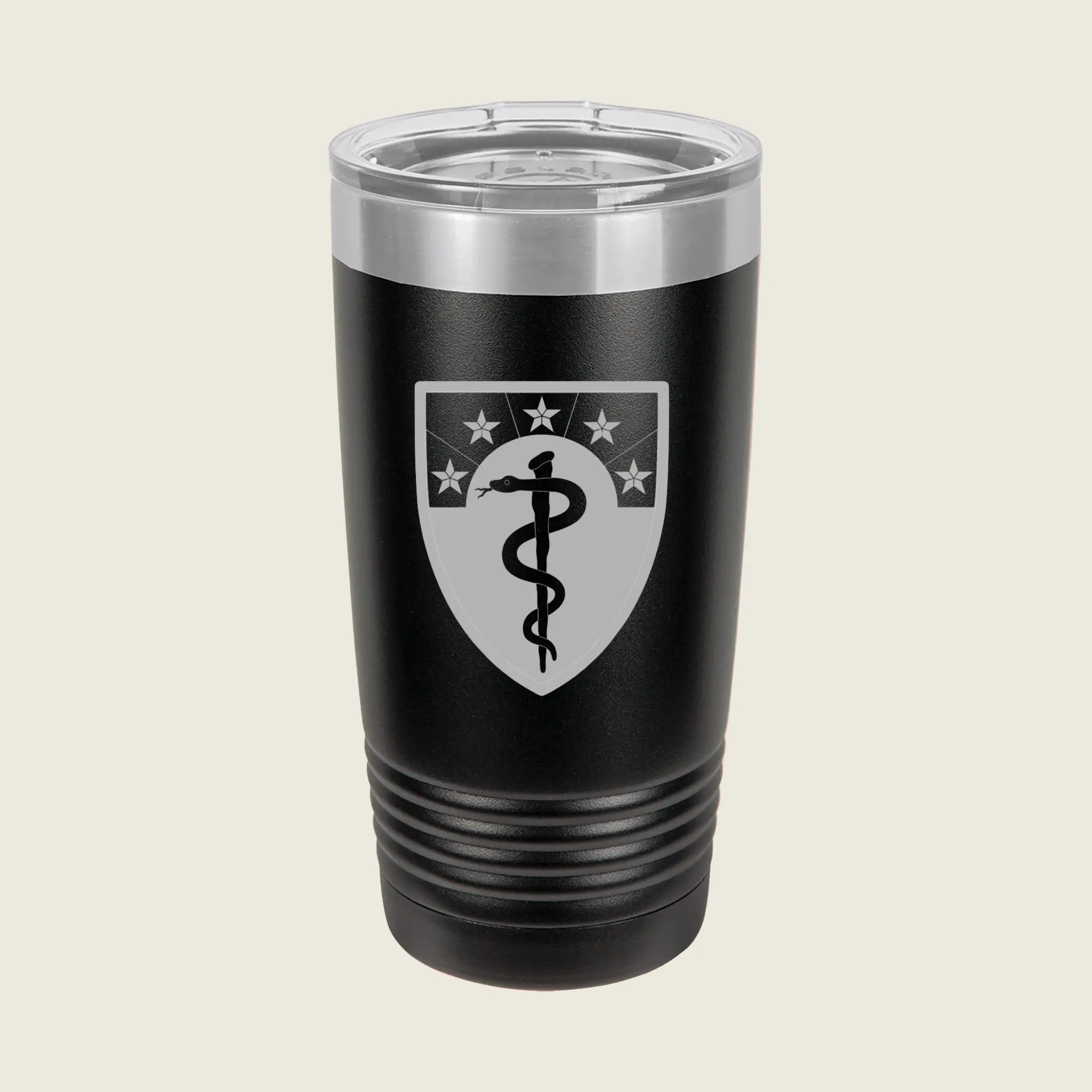 Black tumbler with a medical symbol