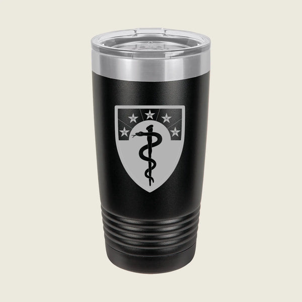 Black tumbler with a medical symbol