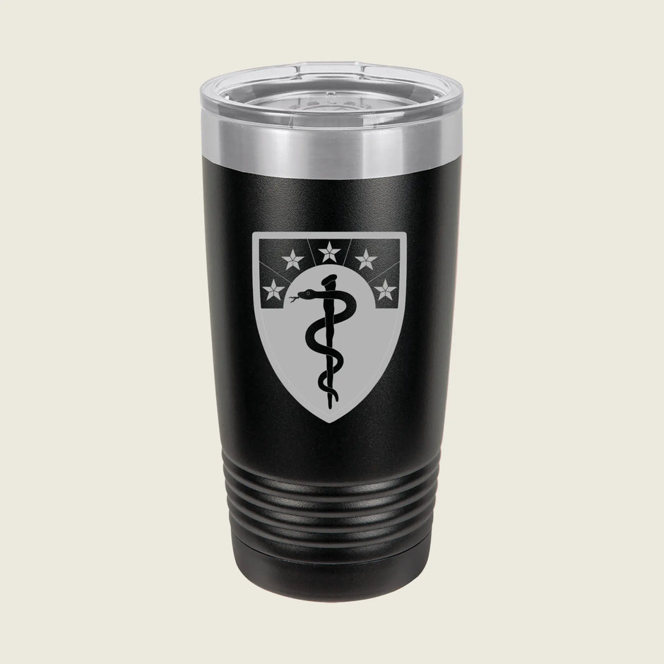 Black tumbler with a medical symbol