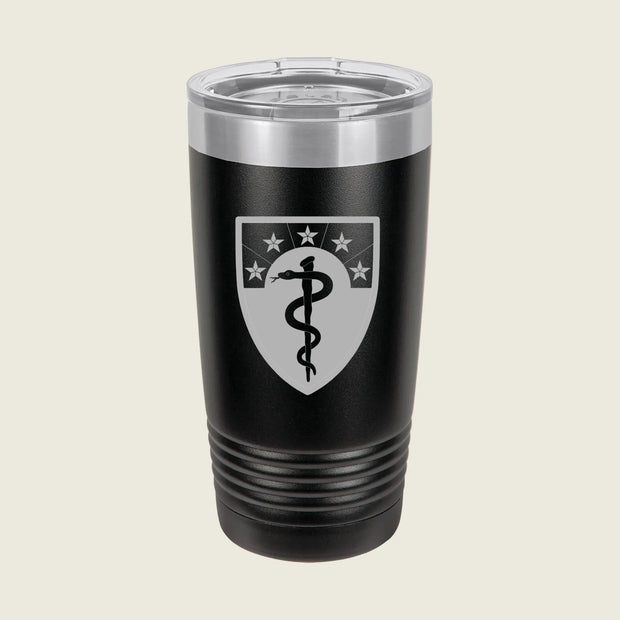 Black tumbler with a medical symbol