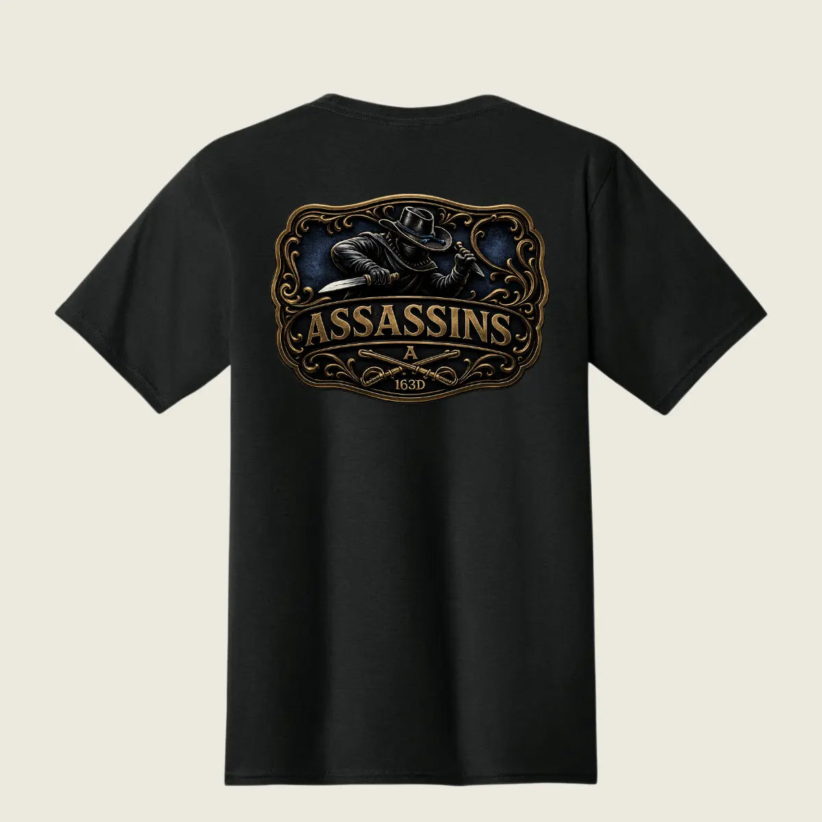 A black short-sleeve t-shirt shown from the back, featuring a large graphic print of a raven holding a knife inside an ornate frame, with the word 'ASSASSINS' and '163D' printed below in gold and brown tones.