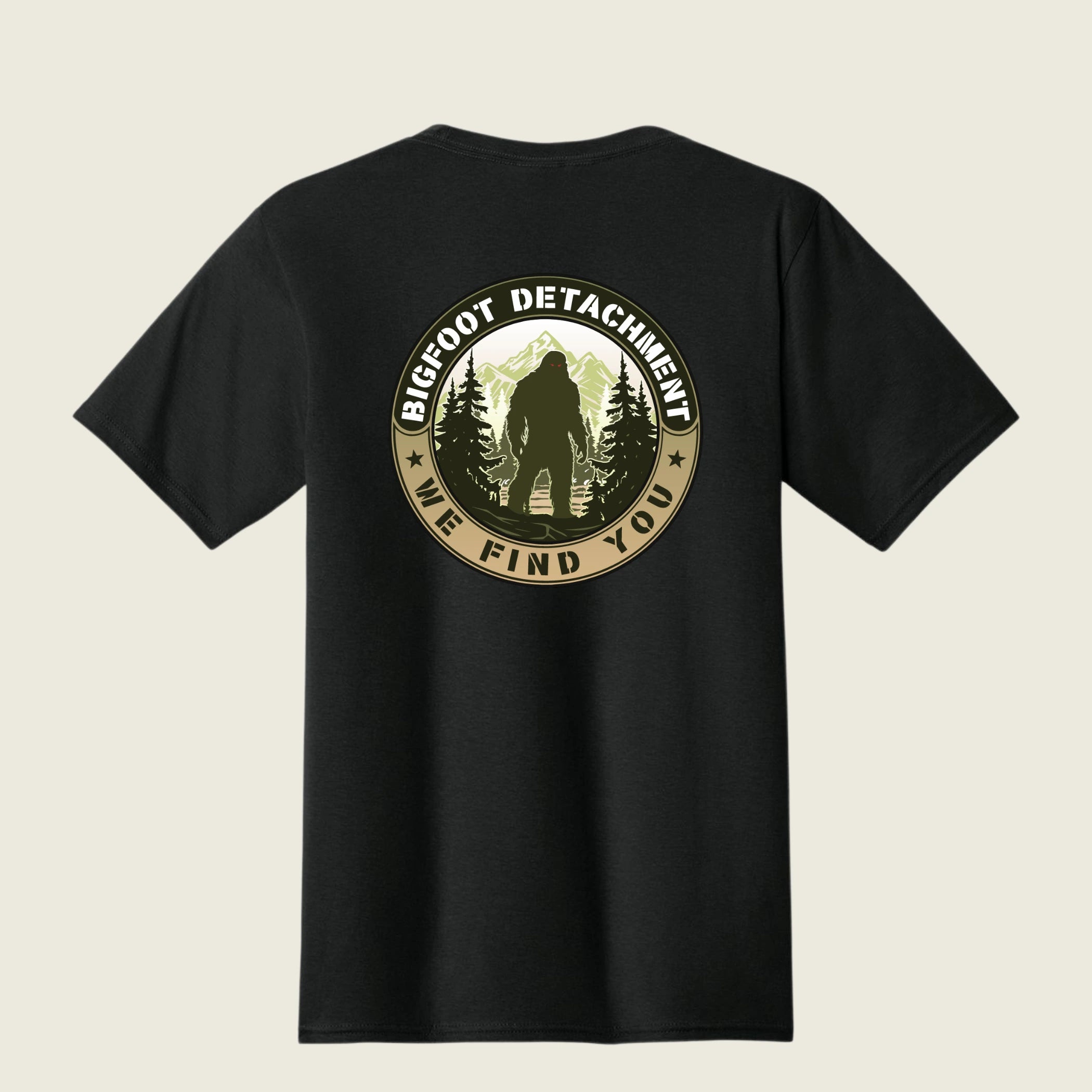 Black t-shirt with Bigfoot Detachment graphic