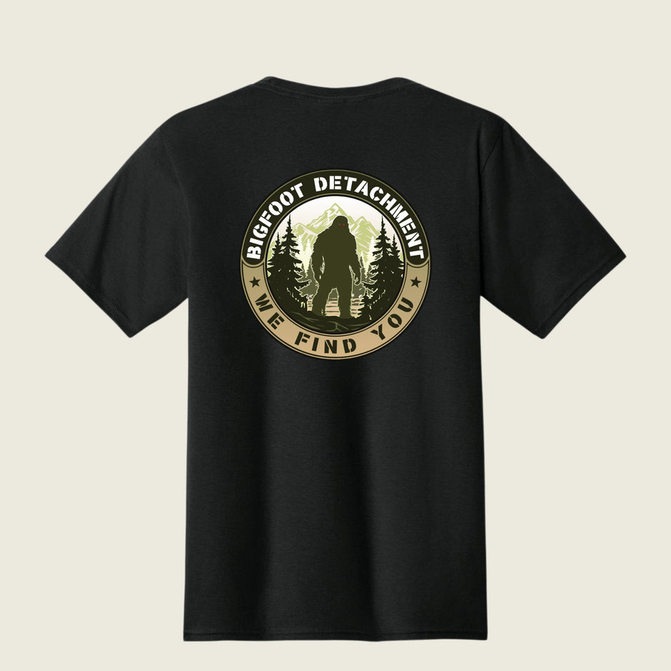 Black t-shirt with Bigfoot Detachment graphic