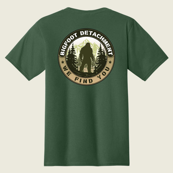 Green t-shirt with 'Bigfoot Detachment' graphic on the back 