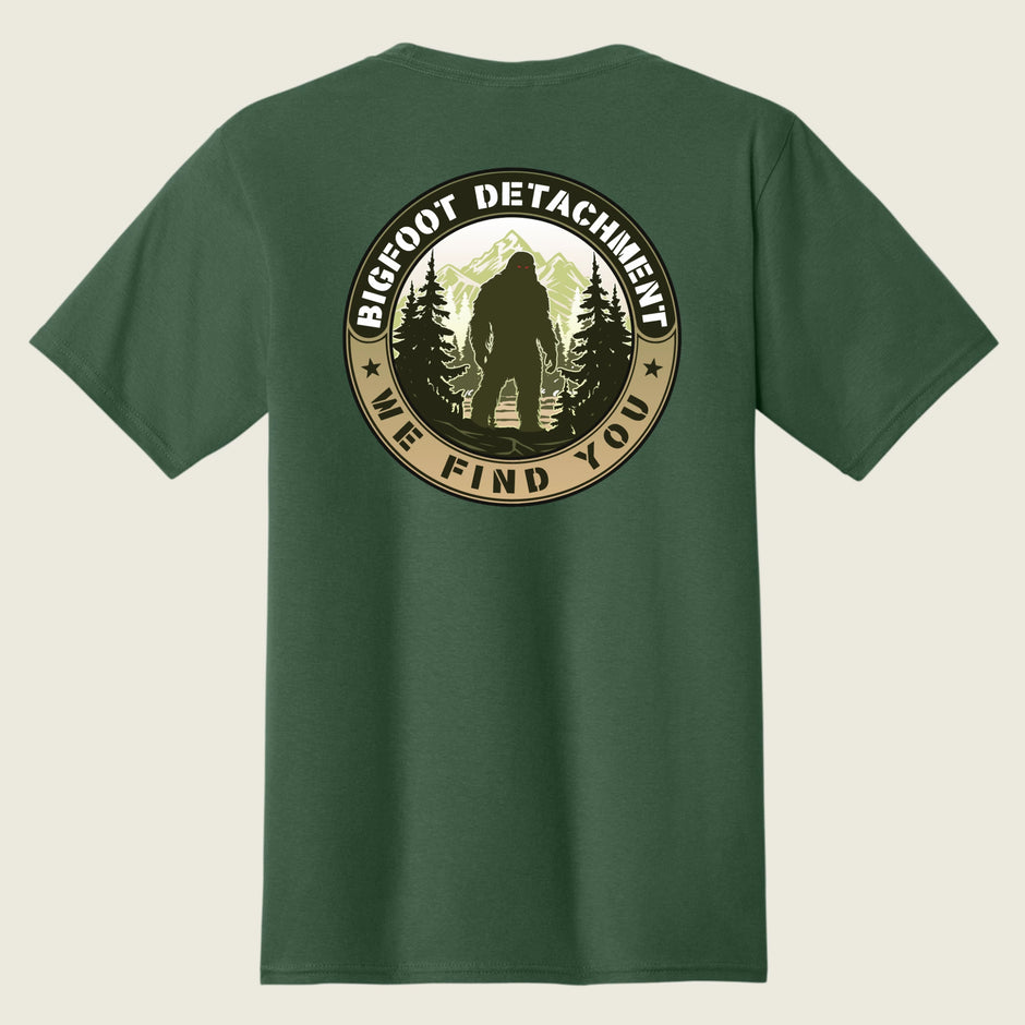 Green t-shirt with 'Bigfoot Detachment' graphic on the back 