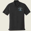 Black polo shirt with a logo printed on the front left pocket against a beige background