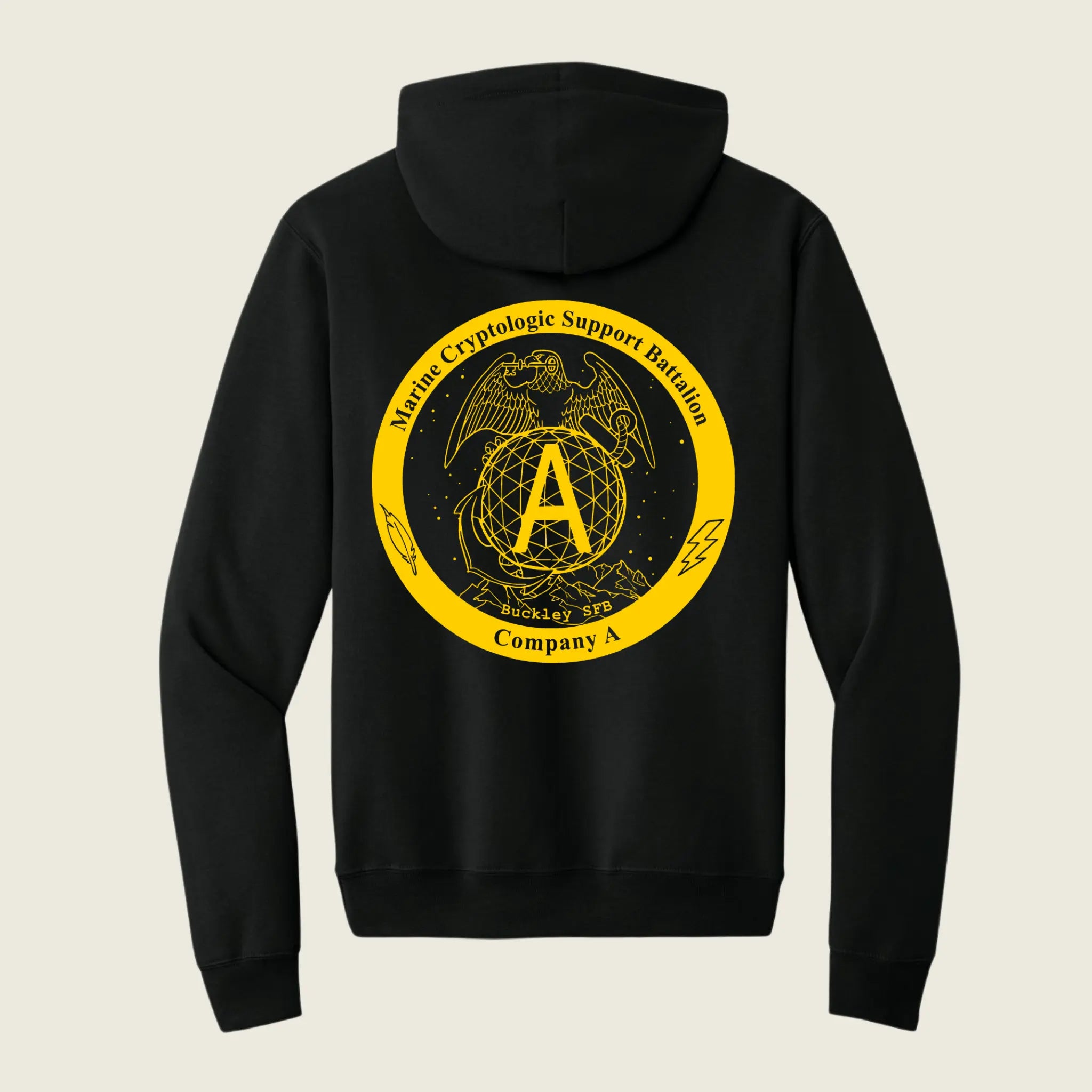 A black pullover hoodie shown from the back, featuring a large circular yellow graphic print with an eagle, the letter A, and the text 'Masonic Carpenters Support Building Company A'.