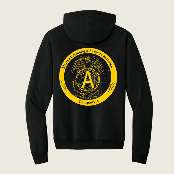 A black pullover hoodie shown from the back, featuring a large circular yellow graphic print with an eagle, the letter A, and the text 'Masonic Carpenters Support Building Company A'.