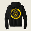 A black pullover hoodie shown from the back, featuring a large circular yellow graphic print with an eagle, the letter A, and the text 'Masonic Carpenters Support Building Company A'.