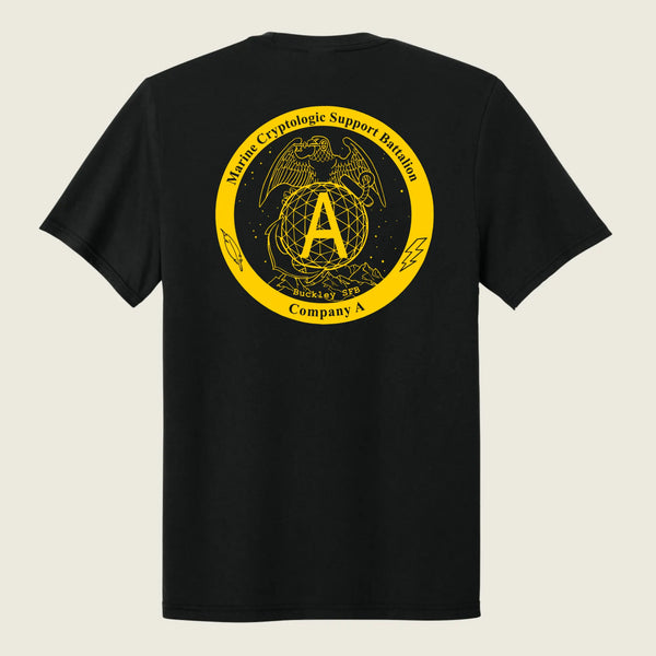 A black short-sleeve t-shirt shown from the back, featuring a large yellow circular graphic print on the upper back with an eagle, globe, and anchor emblem, and the text 'Marine Cryptologic Support Battalion' and 'Company A'.