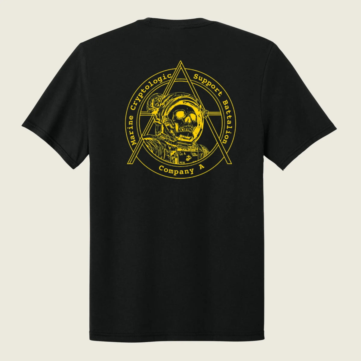 A black short-sleeve t-shirt shown from the back, featuring a large yellow graphic print of an astronaut skull inside a geometric emblem with the text 'Marine Cryptologic Support Battalion Company A'.