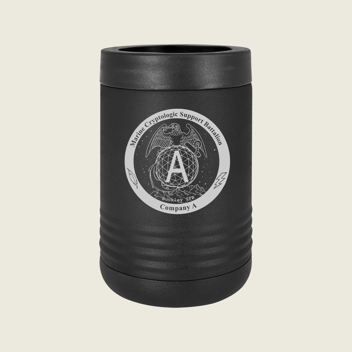 A matte black stainless steel can cooler with a ribbed design and a circular silver emblem on the front featuring an eagle, globe, and the text 'Marine Cryptologic Support Battalion Company A'.