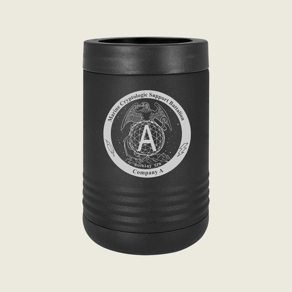 A matte black stainless steel can cooler with a ribbed design and a circular silver emblem on the front featuring an eagle, globe, and the text 'Marine Cryptologic Support Battalion Company A'.