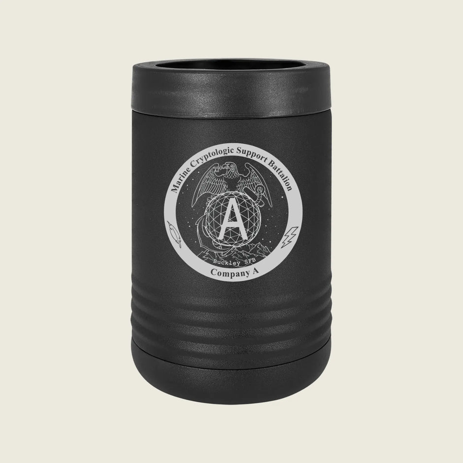 A matte black stainless steel can cooler with a ribbed design and a circular silver emblem on the front featuring an eagle, globe, and the text 'Marine Cryptologic Support Battalion Company A'.