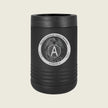 A matte black stainless steel can cooler with a ribbed design and a circular silver emblem on the front featuring an eagle, globe, and the text 'Marine Cryptologic Support Battalion Company A'.