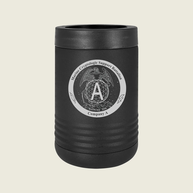 A matte black stainless steel can cooler with a ribbed design and a circular silver emblem on the front featuring an eagle, globe, and the text 'Marine Cryptologic Support Battalion Company A'.