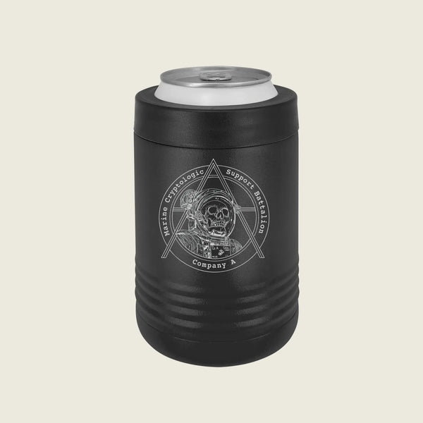 A black insulated can cooler sleeve with a silver aluminum can inserted, featuring a white circular graphic of a skull inside a triangle with the text 'Masonic Theologic Support Battalion Company X'. The product is shown on a solid light beige background.