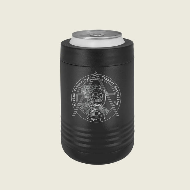 A black insulated can cooler sleeve with a silver aluminum can inserted, featuring a white circular graphic of a skull inside a triangle with the text 'Masonic Theologic Support Battalion Company X'. The product is shown on a solid light beige background.