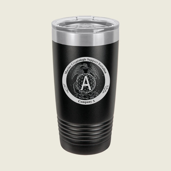 A black insulated travel tumbler with a clear lid, featuring a circular white graphic on the front with a central letter A and decorative text.