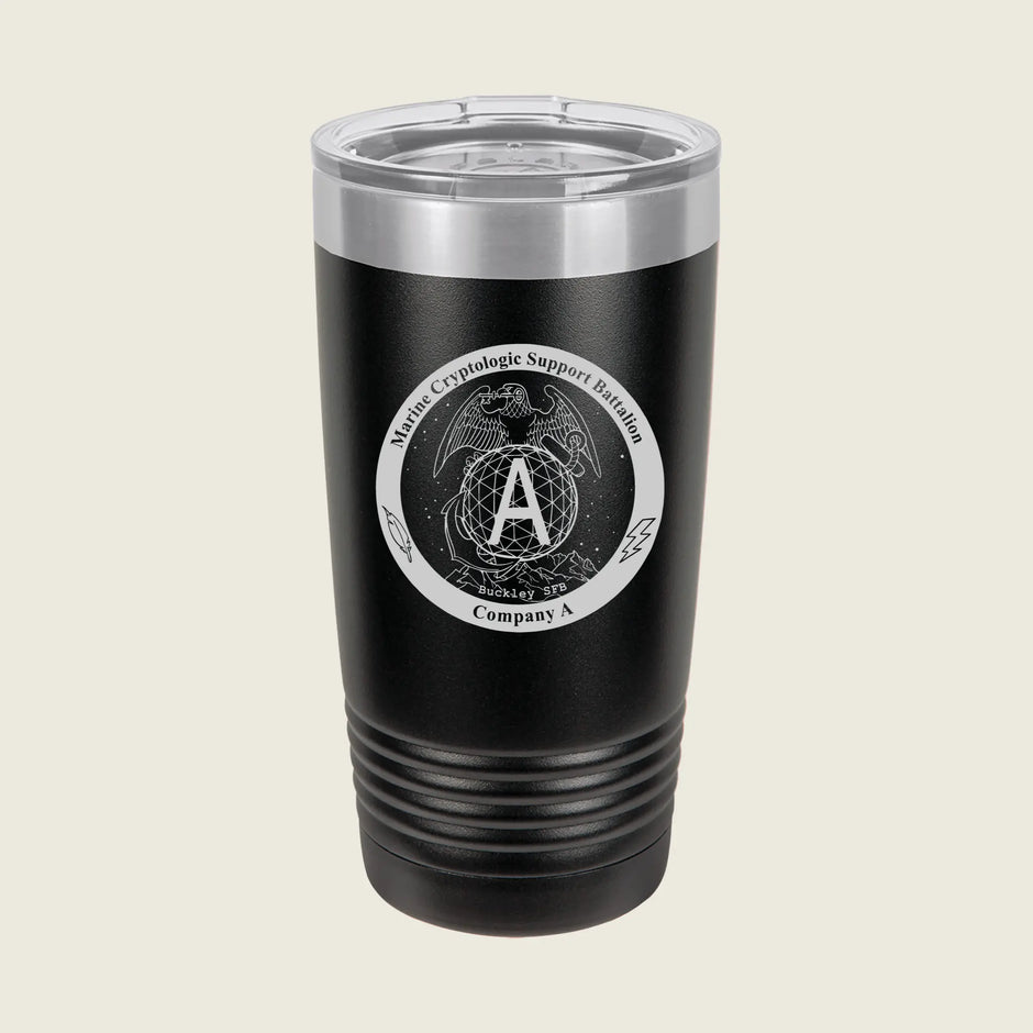 A black insulated travel tumbler with a clear lid, featuring a circular white graphic on the front with a central letter A and decorative text.