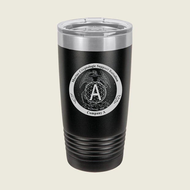 A black insulated travel tumbler with a clear lid, featuring a circular white graphic on the front with a central letter A and decorative text.