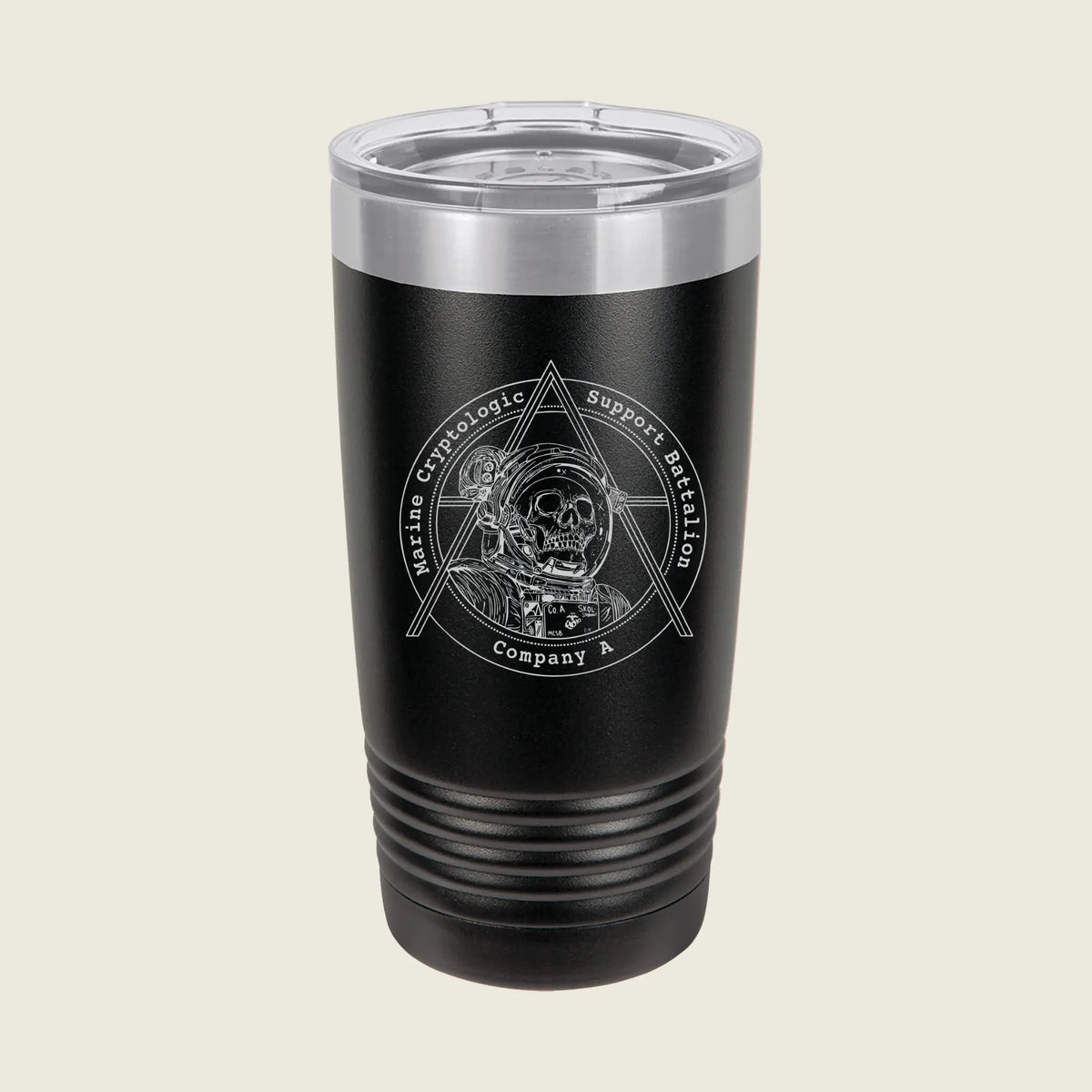 A black insulated travel tumbler with a clear lid, featuring a white laser-engraved circular graphic of a skull inside a triangle with the text 'Satanic Horrors Support Battalion Company A'.