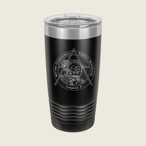 A black insulated travel tumbler with a clear lid, featuring a white laser-engraved circular graphic of a skull inside a triangle with the text 'Satanic Horrors Support Battalion Company A'.