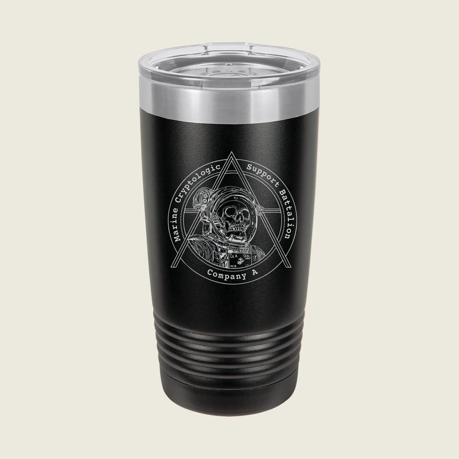 A black insulated travel tumbler with a clear lid, featuring a white laser-engraved circular graphic of a skull inside a triangle with the text 'Satanic Horrors Support Battalion Company A'.