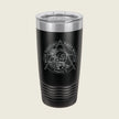 A black insulated travel tumbler with a clear lid, featuring a white laser-engraved circular graphic of a skull inside a triangle with the text 'Satanic Horrors Support Battalion Company A'.
