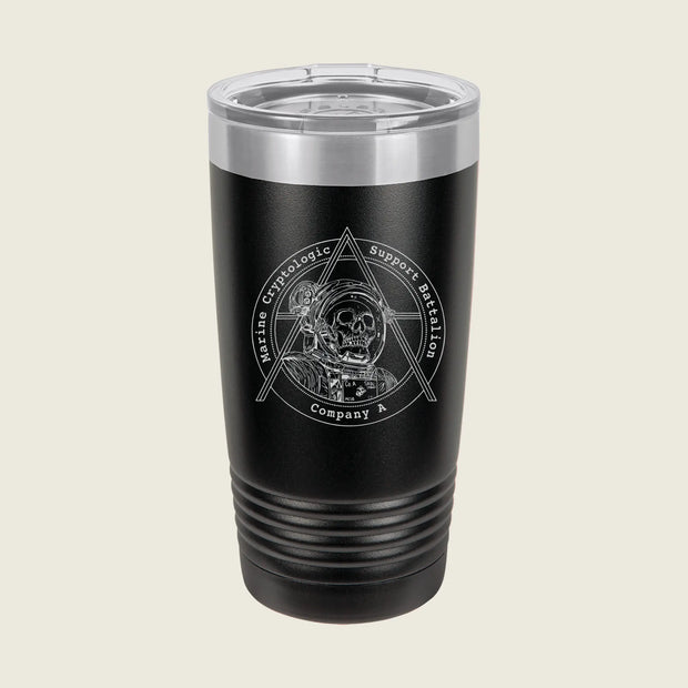 A black insulated travel tumbler with a clear lid, featuring a white laser-engraved circular graphic of a skull inside a triangle with the text 'Satanic Horrors Support Battalion Company A'.