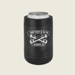 A black insulated can cooler with a silver aluminum rim, featuring a white graphic of crossed rifles and banners that read 'BATTERY Q 5/14' and 'AURORA, CO'.