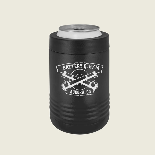 A black insulated can cooler with a silver aluminum rim, featuring a white graphic of crossed rifles and banners that read 'BATTERY Q 5/14' and 'AURORA, CO'.