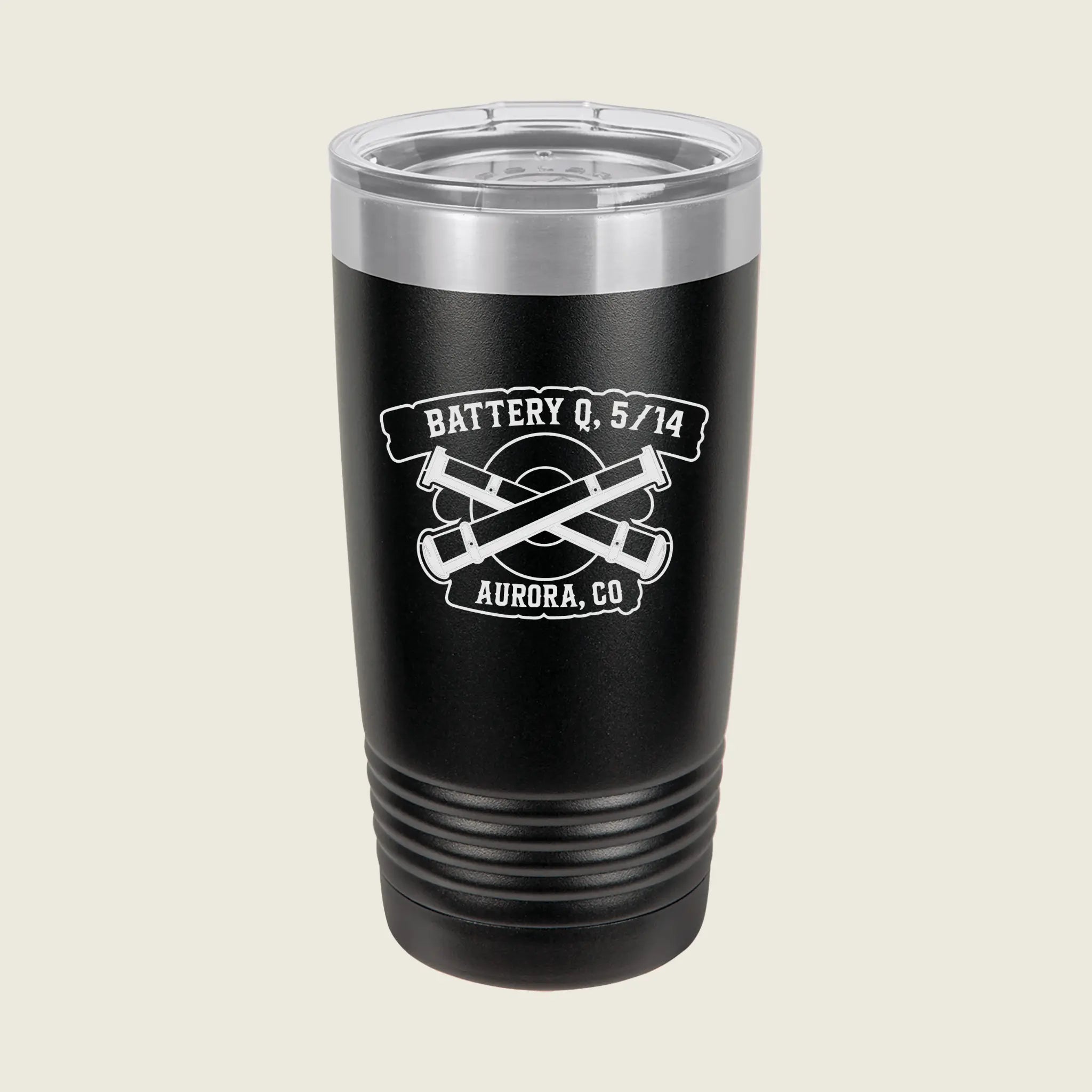 Black tumbler with military logo engraved on front