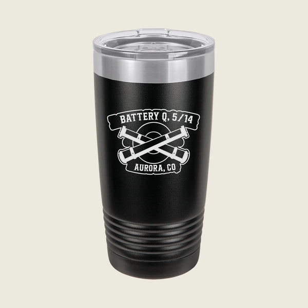 Black tumbler with military logo engraved on front