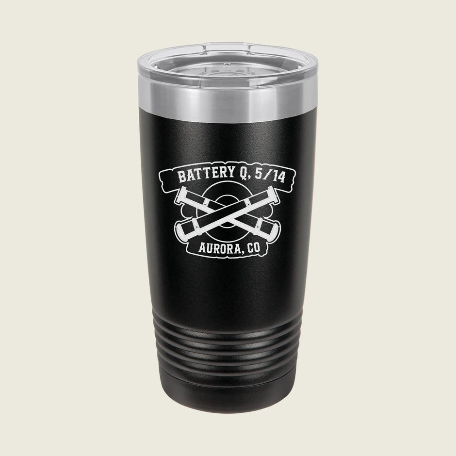 Black tumbler with military logo engraved on front