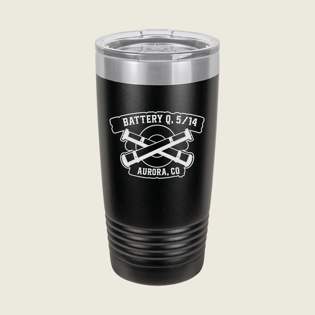 Black tumbler with military logo engraved on front