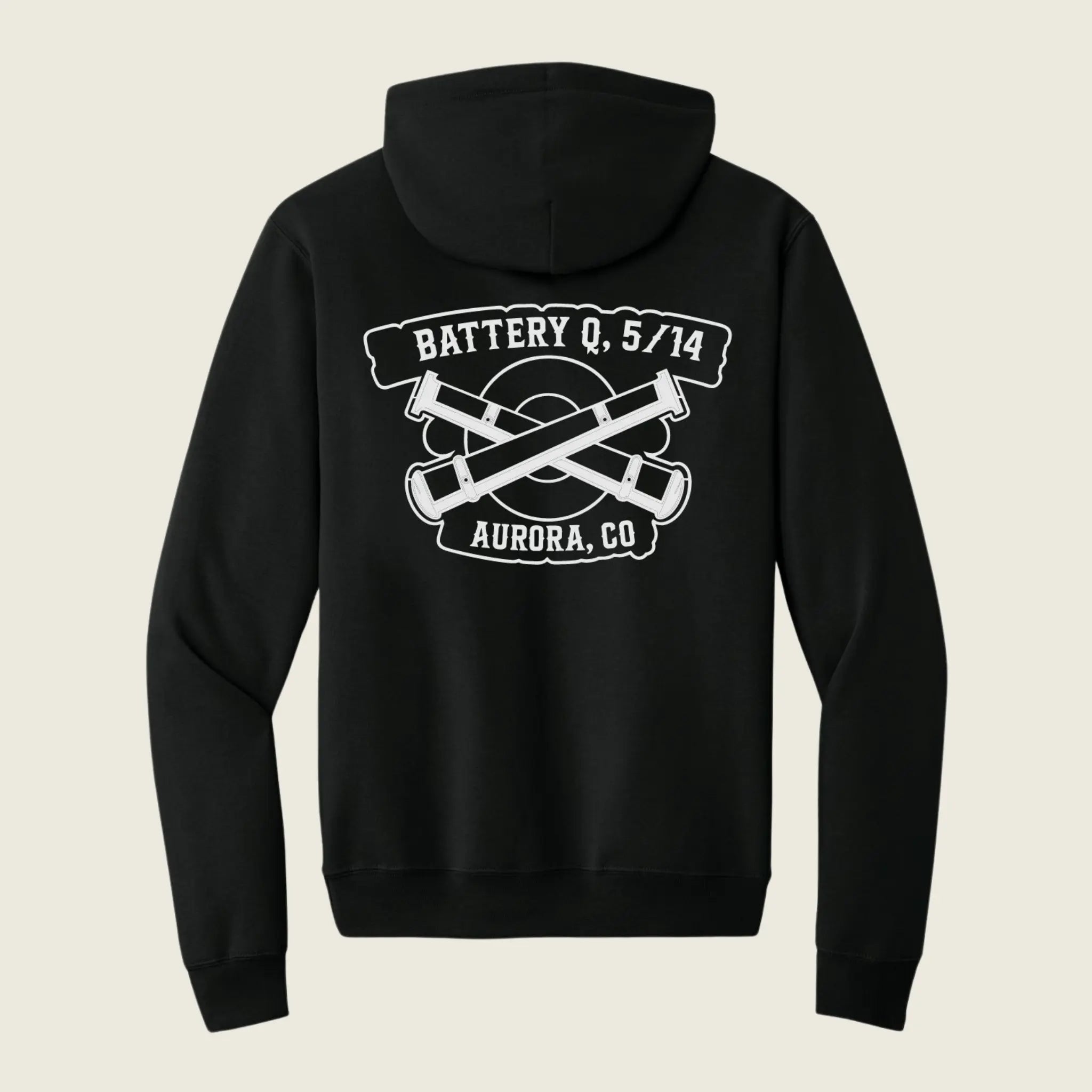 A black pullover hoodie shown from the back, featuring a white graphic print of crossed cannons with the text 'BATTERY Q, 5/14' and 'AURORA.CO' on a light beige background.
