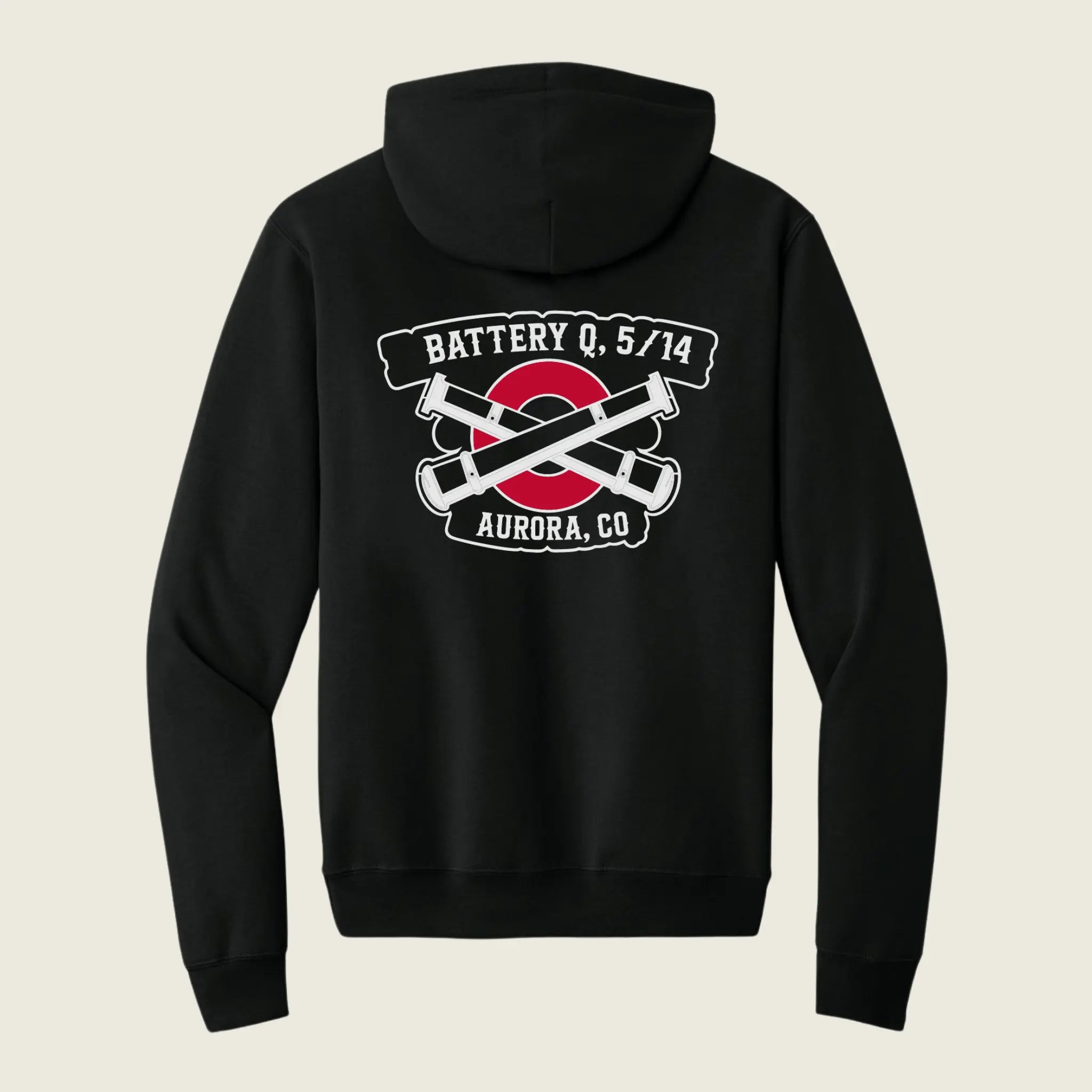 A black pullover hoodie shown from the back, featuring a graphic print with crossed hockey sticks over a red circle and the text 'BATTERY Q, 5/14' and 'AURORA, CO'.