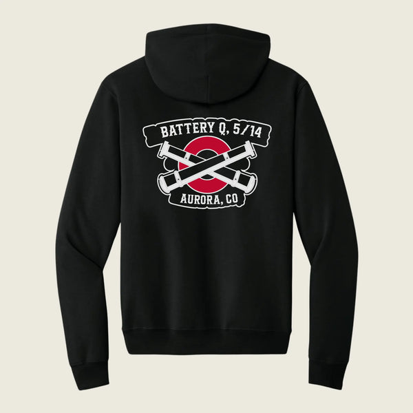 A black pullover hoodie shown from the back, featuring a graphic print with crossed hockey sticks over a red circle and the text 'BATTERY Q, 5/14' and 'AURORA, CO'.