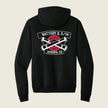A black pullover hoodie shown from the back, featuring a graphic print with crossed hockey sticks over a red circle and the text 'BATTERY Q, 5/14' and 'AURORA, CO'.