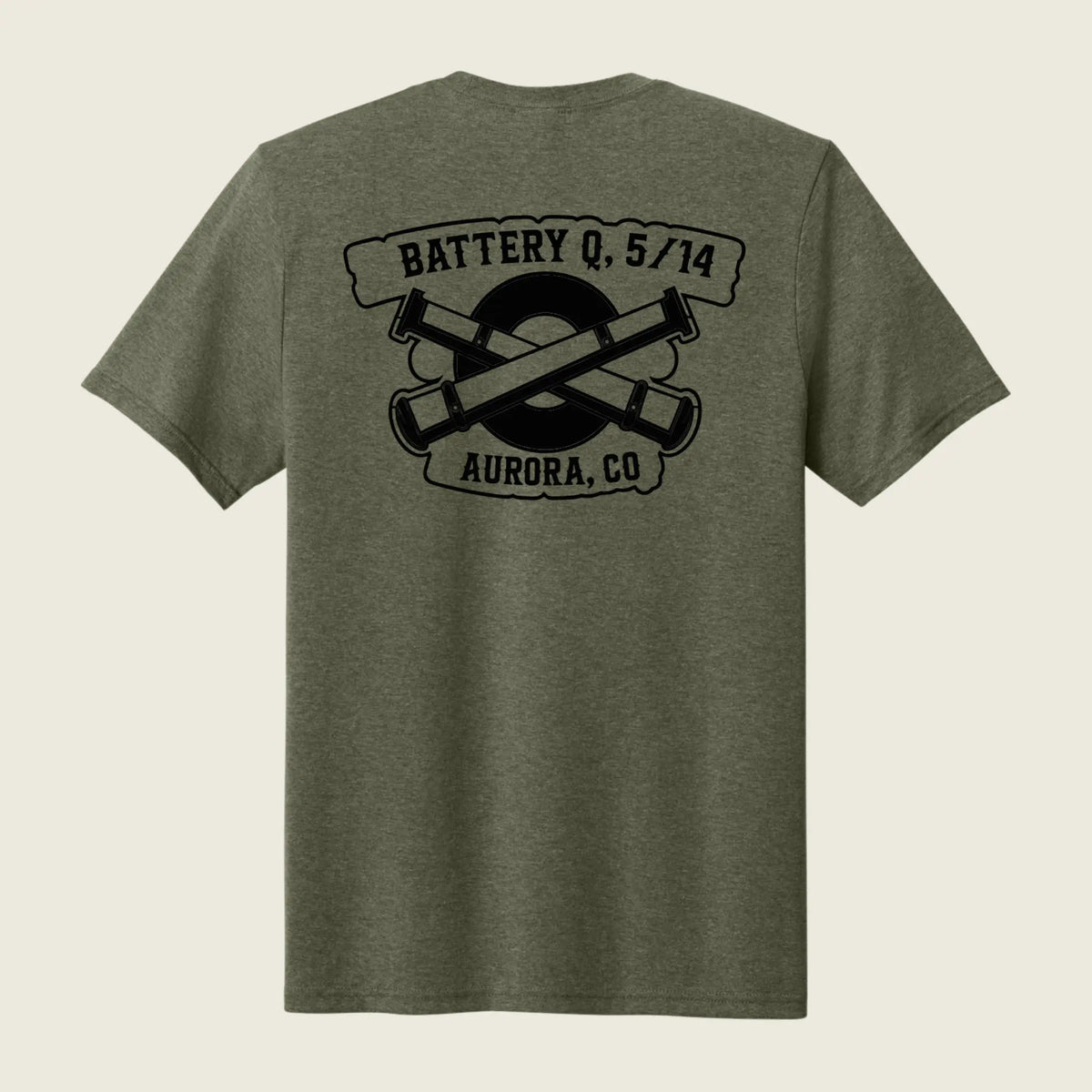 An olive green heather short-sleeve t-shirt shown from the back, featuring a black graphic print of crossed artillery shells with the text 'BATTERY Q, 5/14' and 'AURORA, CO'.
