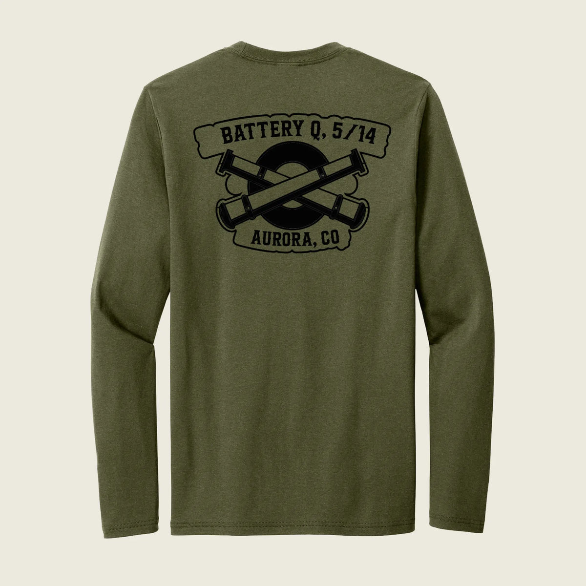 An olive green long-sleeve t-shirt shown from the back, featuring a black graphic print of crossed cannons with banners reading 'BATTERY Q, 5/14' and 'AURORA, CO'.