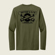 An olive green long-sleeve t-shirt shown from the back, featuring a black graphic print of crossed cannons with banners reading 'BATTERY Q, 5/14' and 'AURORA, CO'.